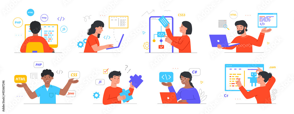Poster collection of characters engaged in programming. men and women use programming languages to create w