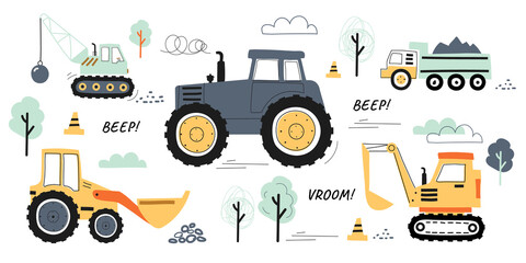 Collection of machines for construction. Stickers with truck, crane and tractor. Design elements for social networks and printing on fabric. Cartoon flat vector set isolated on white background © Rudzhan