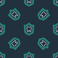 Line Dental protection icon isolated seamless pattern on black background. Tooth on shield logo. Vector