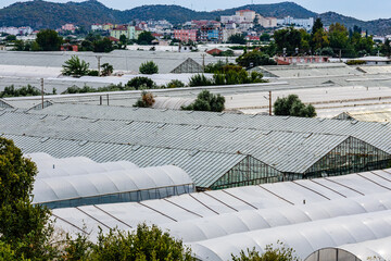 Many greenhouses in a town. Antalya province, Turkey