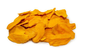 Dry tasty mango slices isolated on a white background.