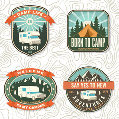 Set of camping badges, patches. Vector illustration. Concept for shirt or logo, print, stamp or tee. Vintage typography design with camping tent, forest, camper and mountain silhouette.