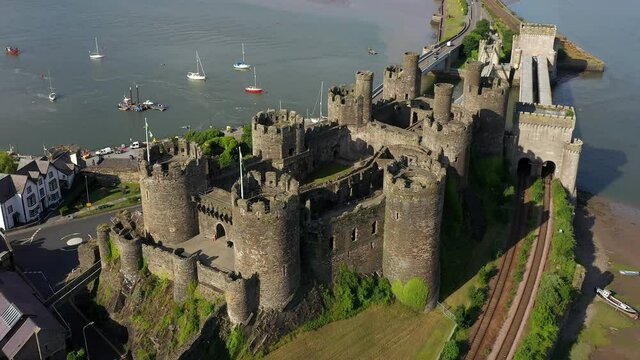 Aerial view of Conway Castle, Gwynedd, North Wales, United Kingdom