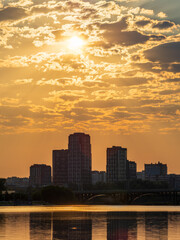 Sunset on a pond in the center of the city. Yekaterinburg, Russia