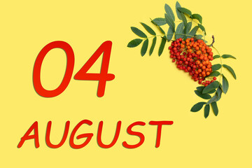 Rowan branch with red and orange berries and green leaves and date of 4 august on a yellow background.