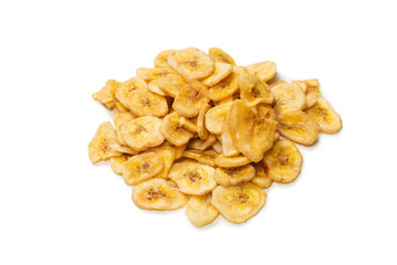 Banana chips isolated on a white background. Dehydrated banana.