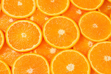 Slices of oranges as a background, top view.