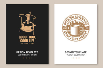 Set of travel inspirational quotes. Vector Concept for shirt or logo, print. Vintage typography design with retro camping primus, backpack, geyser coffee maker and mountain silhouette. Camping quote