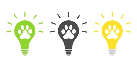 Light bulb icon. The paw of the animal in the light bulb. Set of paws in a light bulb. Vector.