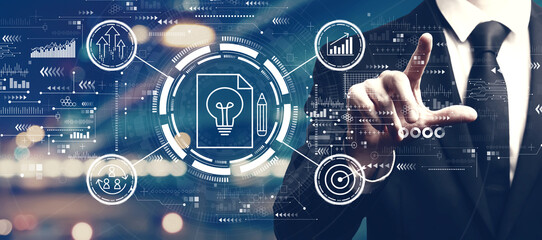 Idea of success theme with a man on city background