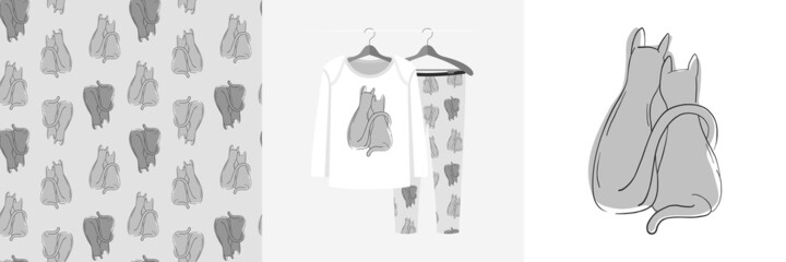 Seamless pattern and illustration set with two cats hugging