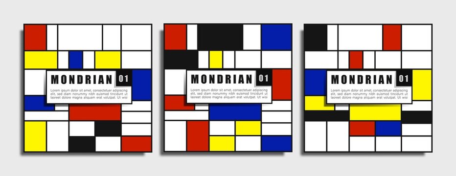 Retro geometric graphic design covers. Cool piet mondrian or Bauhaus style compositions. For social media, cards, posters, marketing. Eps10 vector.