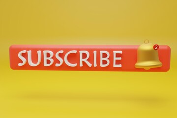 Red Button subscribe to channel with bell on yellow background. Social media background subscribe .Social Media element. Web design. Notification concept. 3d rendering. - obrazy, fototapety, plakaty