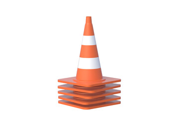 Heap of striped road cones, barriers isolated on white background. 3d render