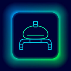 Obraz premium Glowing neon line Bread and salt on towel icon isolated on black background. National food loaf. Traditional ukrainian wedding bread. Colorful outline concept. Vector
