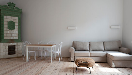 Interior of living room in loft apartment in industrial design. Spacious room with wooden floor and comfortable sofa. Tiled stove in stylish indoors.
