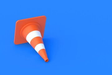 One striped traffic cone, barrier on blue background. Road safety. Prohibition of passage, parking. Fencing hazardous areas. Copy space. 3d render