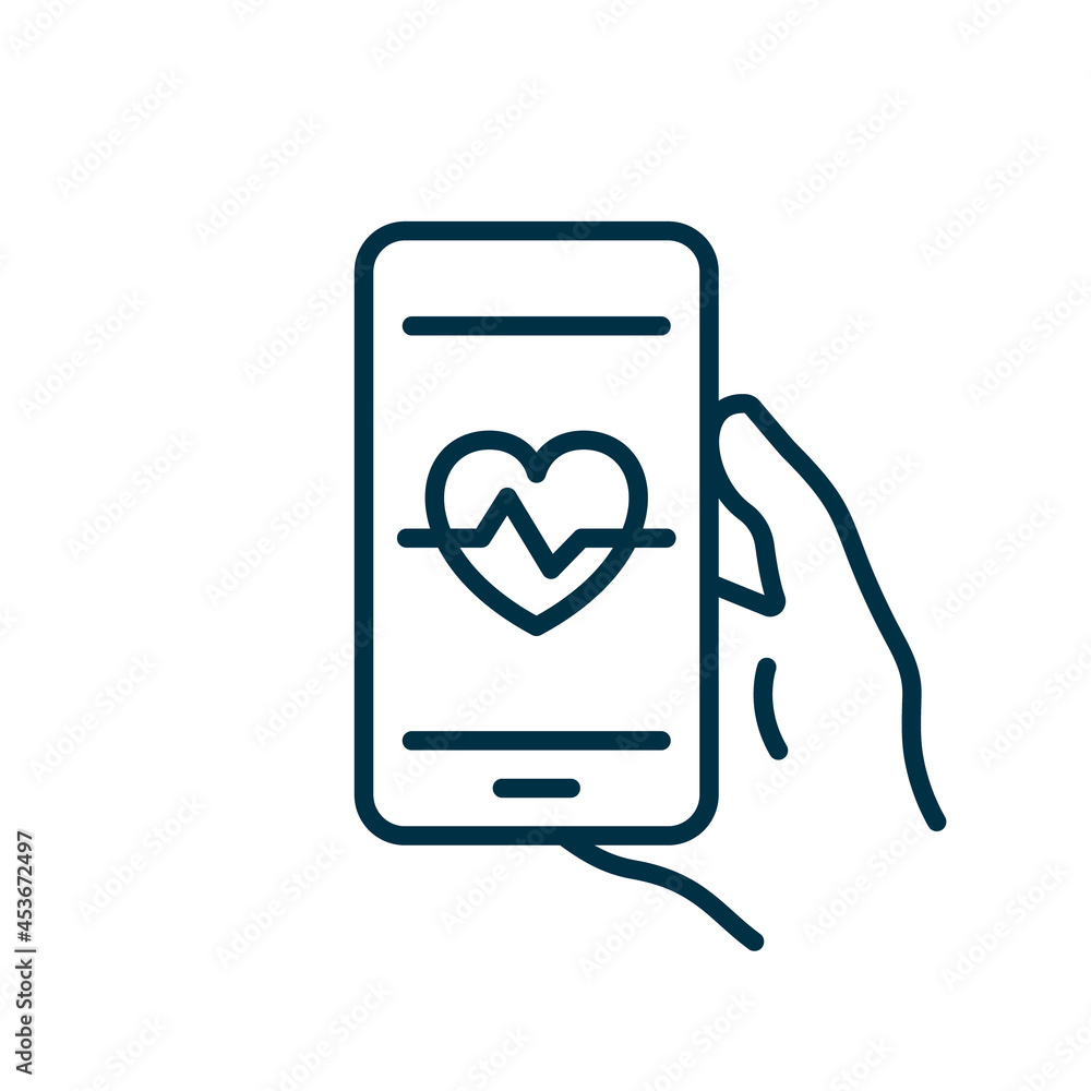 Poster mobile phone app for control heartbeat line icon. training and control heart beat on smartphone pict