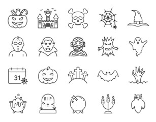 Fototapeta premium Halloween Set Line Icon. Spooky Horror Linear Pictogram. Halloween Concept. Pumpkin, Ghost, Bat, Grave, Skull, Vampire Scary Magic Outline Icon. Editable Stroke. Isolated Vector Illustration
