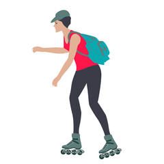 Girl with a backpack behind her shoulders rides on roller skates - isolated on white background - vector. Design element. Sports motivation.