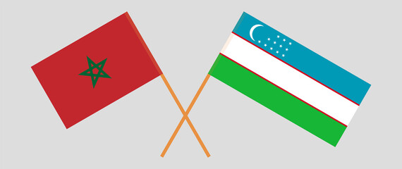 Crossed flags of Morocco and Uzbekistan. Official colors. Correct proportion