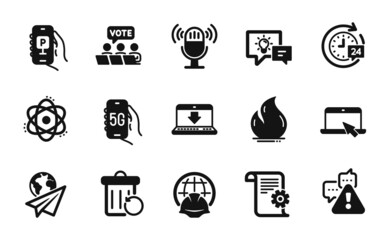 Vector set of Atom, Internet downloading and Technical documentation icons simple set. Recovery trash, Parking app and Portable computer icons. Online voting, 24h delivery and Warning signs. Vector