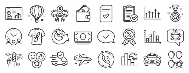 Set of Business icons, such as Approved message, Decreasing graph, Airplane icons. Balloon dart, Cash money, Share idea signs. Sharing economy, Transport insurance, Meeting time. Wallet. Vector