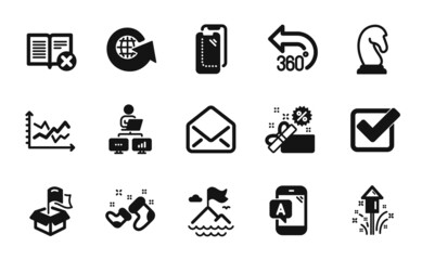 Vector set of Reject book, Fireworks and Work home icons simple set. Marketing strategy, Diagram chart and Santa boots icons. Mail, Checkbox and 360 degrees signs. Vector