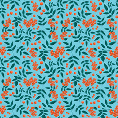 Seamless pattern with branches of rowanberry leaves  and berries in autumn