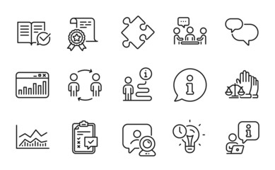 Education icons set. Included icon as Workflow, Court jury, Video conference signs. Strategy, Certificate, Time management symbols. Marketing statistics, Chat message, Checklist. Vector