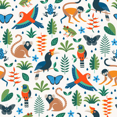 Vector seamless tropical pattern with rainforest jungle animals and leaves on white background. Flat surface design. - 453673847
