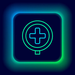 Glowing neon line Hospital road traffic icon isolated on black background. Traffic rules and safe driving. Colorful outline concept. Vector