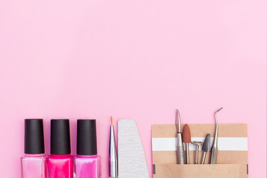 Top View Of Manicure, Pedicure Materials, On A Pink Background