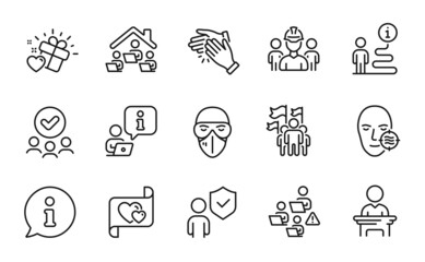 Fototapeta premium People icons set. Included icon as Love gift, Problem skin, Teamwork signs. Leadership, Security, Clapping hands symbols. Medical mask, Approved group, Love letter. Engineering team. Vector