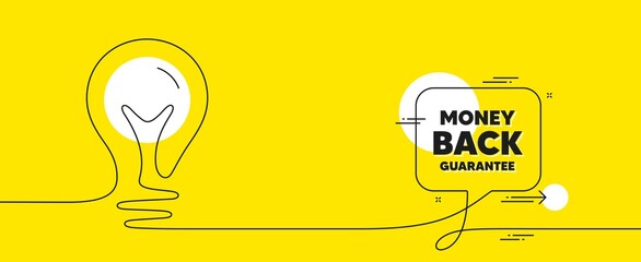 Money back guarantee. Continuous line idea chat bubble banner. Promo offer sign. Advertising promotion symbol. Money back guarantee chat message lightbulb. Idea light bulb yellow background. Vector