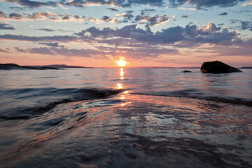 thick water at sunset in scandinavia - obrazy, fototapety, plakaty