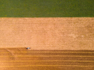 Agricultural harvester in a yellow field of wheat. Aerial drone view of colorful fields. Top down view. Harvesting of the wheat in summer season