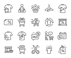 Vector set of Market, Discounts bubble and Dry t-shirt line icons set. Discounts calendar, Clean t-shirt and Change clothes icons. Marketplace, Scissors and Discount tags signs. Vector