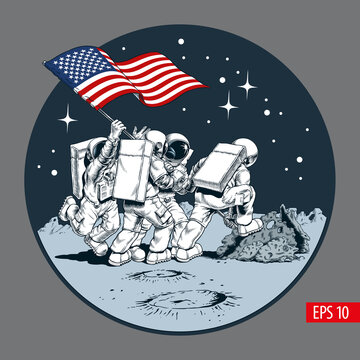 Raising the flag on the Moon. Astronauts with American flag on another planet. Vector illustration.
