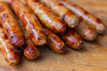 Seven appetizing toasted sausages with turkey lie on a wooden board. Photo at an angle