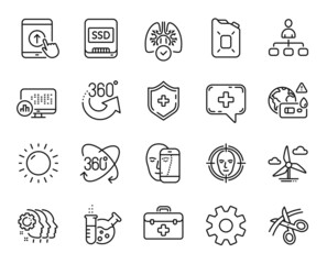 Vector set of First aid, Ssd and Lungs line icons set. Full rotation, Management and Chemistry lab icons. Medical chat, Service and Scissors signs. First aid web symbol. Vector