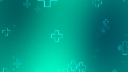 Medical health blue green cross neon light shapes pattern background. Abstract healthcare technology and science concept.