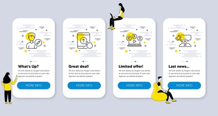 Set of People icons, such as Edit person, Video conference, Swipe up icons. UI phone app screens with people. Judge hammer line symbols. Change user info, Remote business, Scrolling screen. Vector