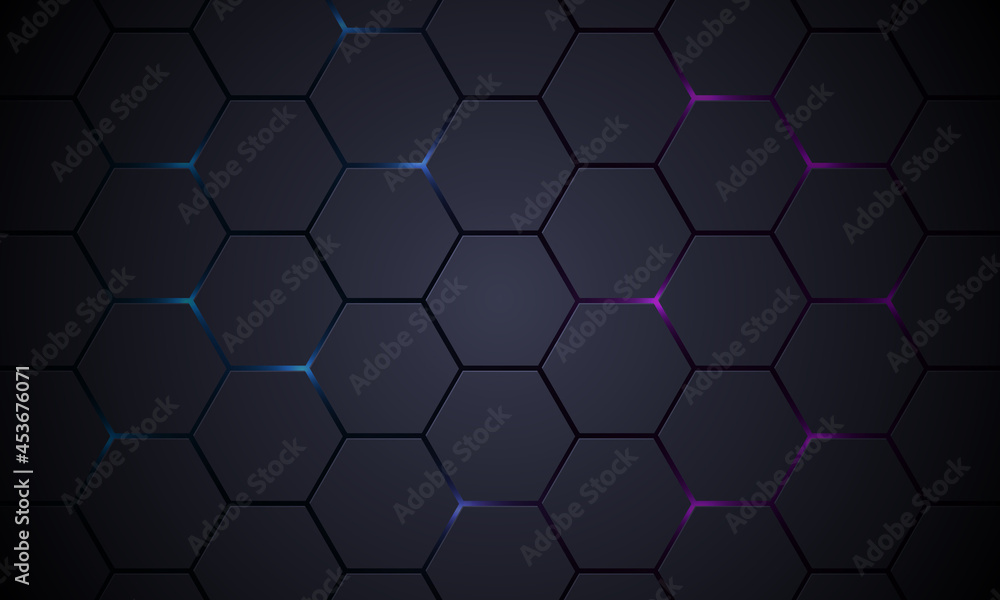 Wall mural dark gray 3d hexagonal technology vector abstract background. blue and pink energy flashes under hex