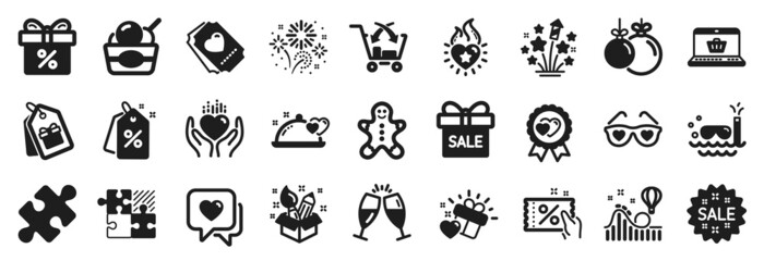 Set of Holidays icons, such as Puzzle, Online shopping, Heart icons. Christmas ball, Coupons, Fireworks signs. Fireworks stars, Champagne glasses, Sale. Discount offer, Love award. Vector