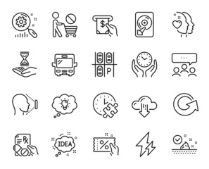 Vector set of Search statistics, Discount coupon and Skin care line icons set. Electricity, Prescription drugs and Cloud download icons. Heart, Face id and Energy signs. Vector