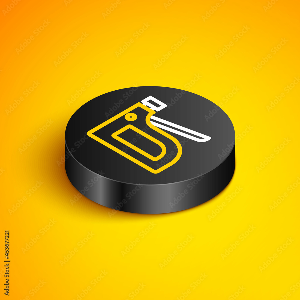 Poster isometric line construction stapler icon isolated on yellow background. working tool. black circle b