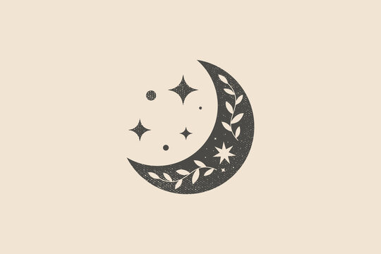 Mystical composition with a crescent moon, a luminous star on a light background. Vector illustration in a trendy minimalist style. Modern laconic art for printing posters, postcards.