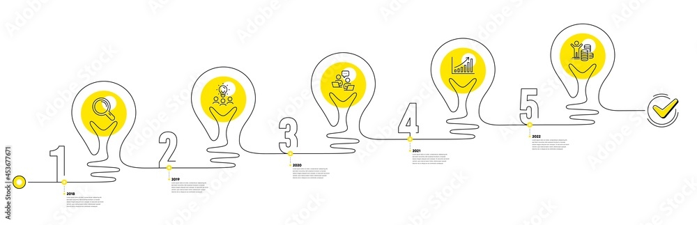 Poster business infographic timeline with 5 steps. lightbulb journey path infographics. workflow process di