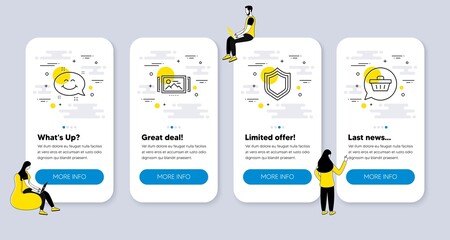 Vector Set of Technology icons related to Smile chat, Image carousel and Security icons. UI phone app screens with people. Shopping cart line symbols. Vector © blankstock